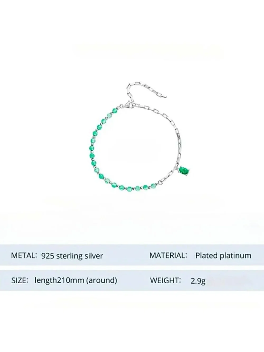 New Gem Charm Bracelet S925 Sterling Silver Green Crystal Beads Boxy Chain